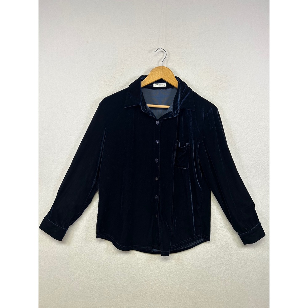 Dark Academia Ekouaer Womens Medium Navy Blue Velvet Button Down Shirt